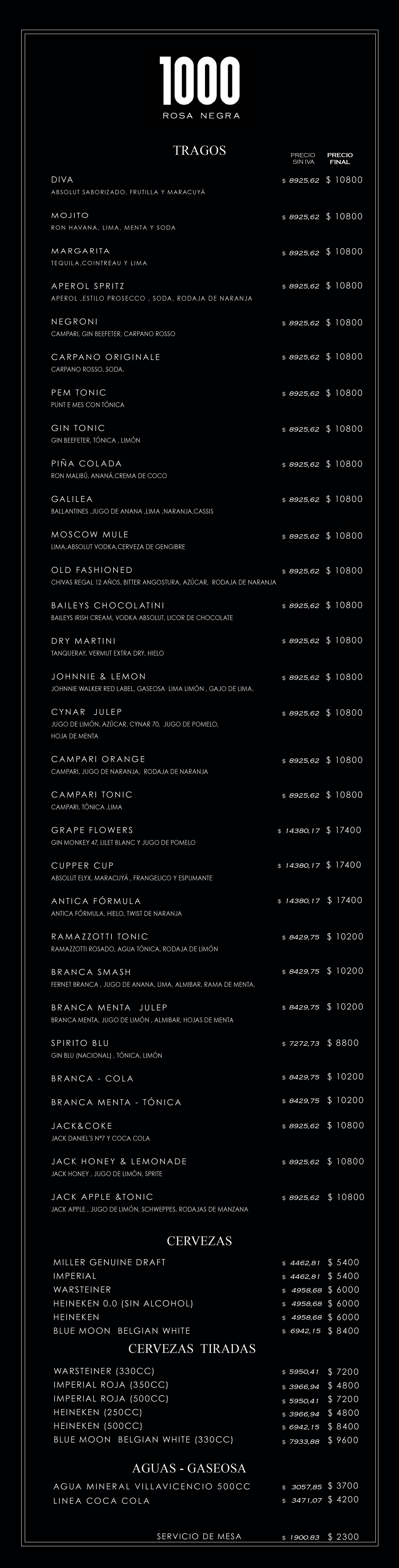 menu de tragos