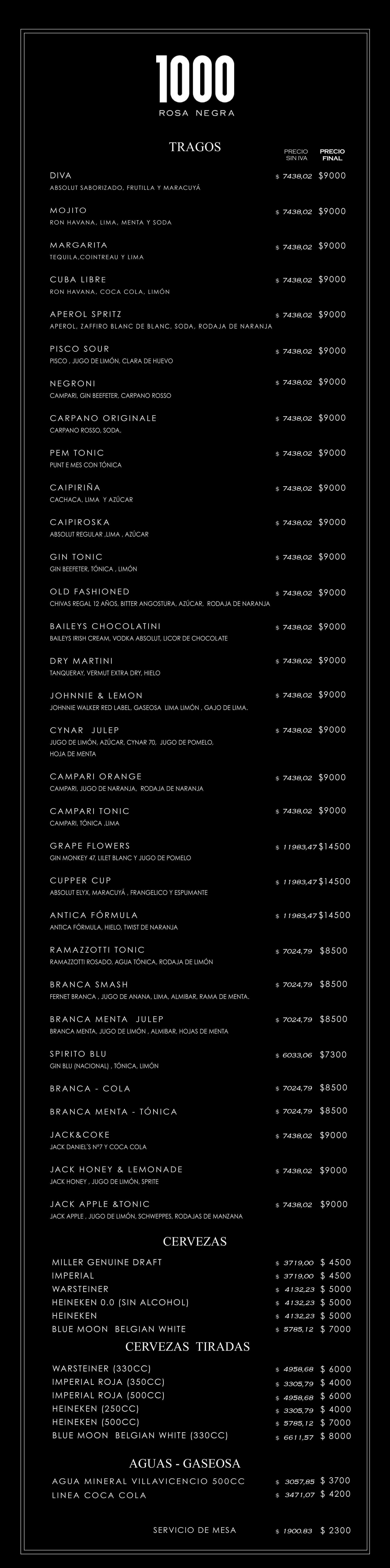 menu de tragos