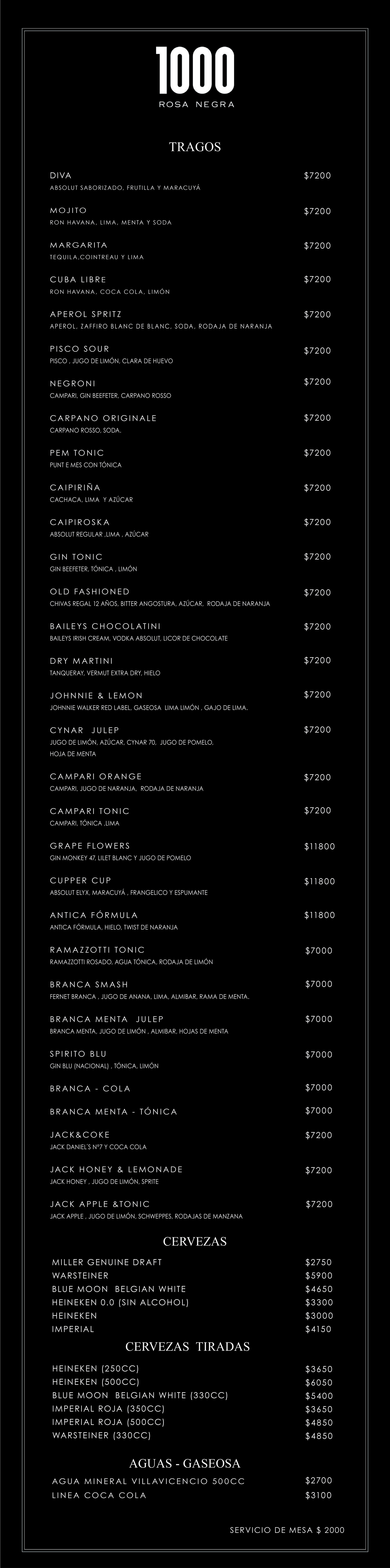 menu de tragos